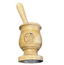 Load image into Gallery viewer, MORTAR AND PESTLE WOODEN WICCAN ENGRAVED 13CM
