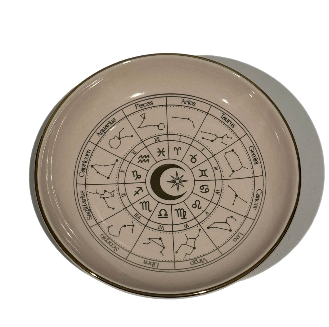 CERAMIC ROUND TRINKET DISH ASTROLOGY WHEEL OFF WHITE