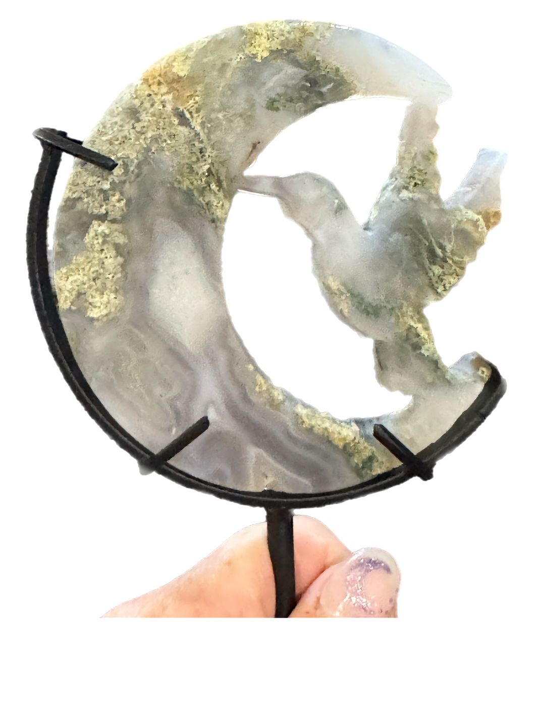 Moss Agate Moon Bird on Stand