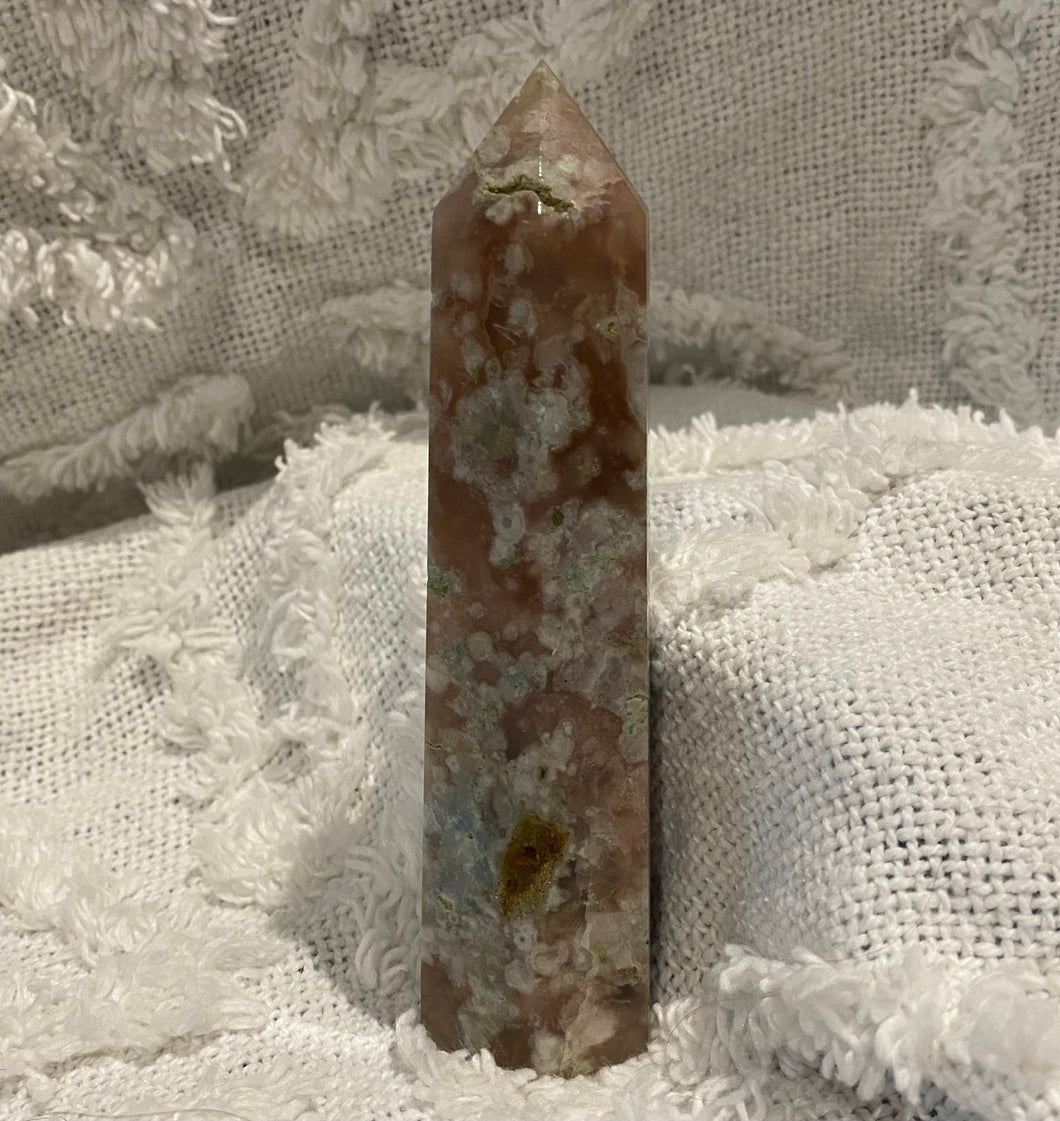 Flower Agate Tower With Pink Amethyst and Green Amethyst