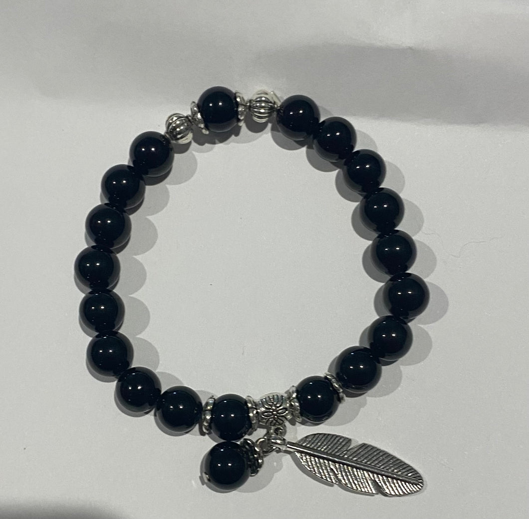 Black Obsidian Feather Bead Bracelet